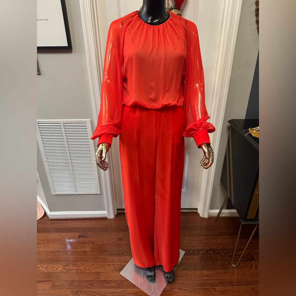 Mango Red Orange Sheer-Sleeve Open-Back Jumpsuit NWT